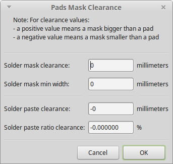 Pads and Mask Clearance dialog